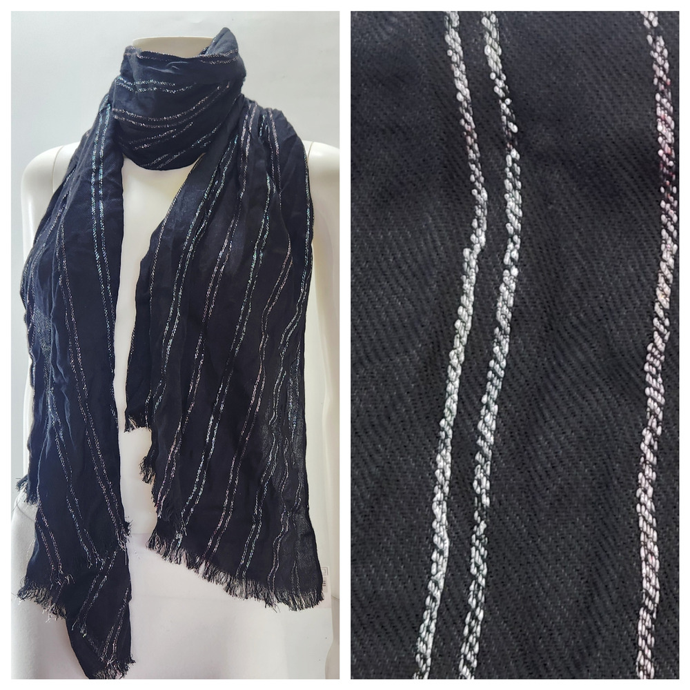 Liz Claiborne Metallic Striped Scarf Wrap Fringe Black Silver Pink Stripe Shawl